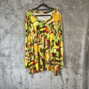 LOGO Lori Goldstein Tunic Top Women XL Red Yellow Green Pockets Abstract Fall